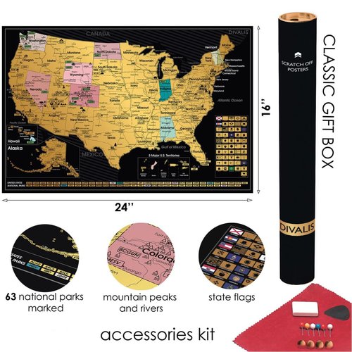 Detailed Scratch off USA Map with Scratcher - 24x16 Easy to Frame 63 National Parks Scratch Off Travel Poster of the United States of America - Large Scratchable US Map with Landmarks and States Flags