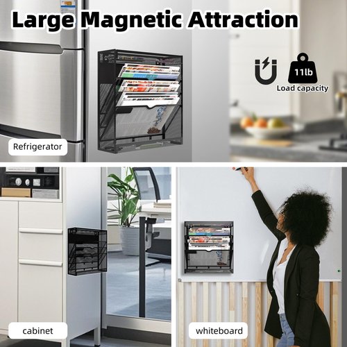 5 Tier Magnetic File Holder, No Drilling Wall File Organizer, Magazine Paper Mail Document Holder/Magnetic Hanging File Organizer for File Cabinets,Whiteboard refrigerator,Office,Classroom(Black)