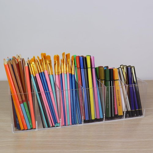 Flytreal Acrylic Pen Holder for Desk, 6 Compartments Clear Pencil Marker Makeup Brush Stationery Organizer for Art Supplies, Desk Accessories, Office Supplies, Vanity, Bathroom, Kitchen
