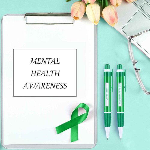 100 Pcs Mental Health Awareness Items Green Ribbon Message Pens World Mental Health Day Retractable Ballpoint Pen for School Nonprofit Organization Charity Classroom Supply Kid Gift 1.0 mm Black Ink