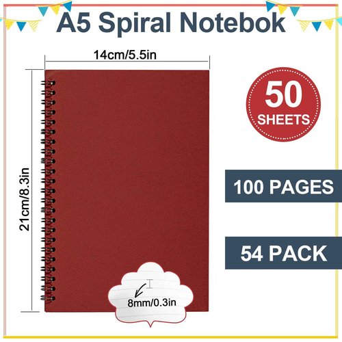 Yihurlm Spiral Notebook Bulk,54 Pcs A5 Notebook,8.3 x 5.5 Inch Spiral Notebooks,College Ruled Spiral Journal Notebook for Office Business School Gifts Supplies,100 Pages/50 Sheets, 9 Colors
