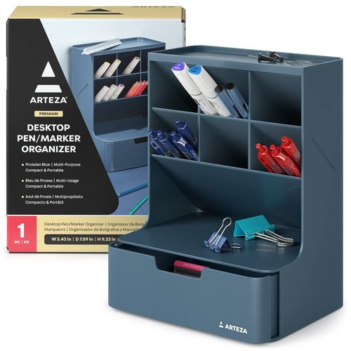 ARTEZA Desktop Pen and Marker Organizer – 6-Compartment Blue Holder with Drawer for Desk, Office, Makeup, and Art Supply Organization