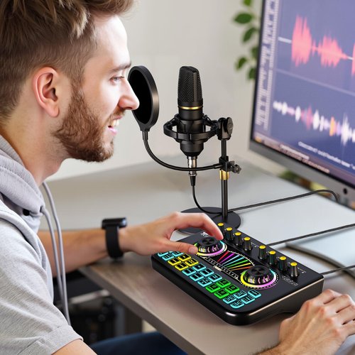 Podcast equipment bundle, with live sound card audio mixer, equipped with 3.5mm microphone, podcast microphone bundle for streaming content creation, recording, singing, and live broadcasting