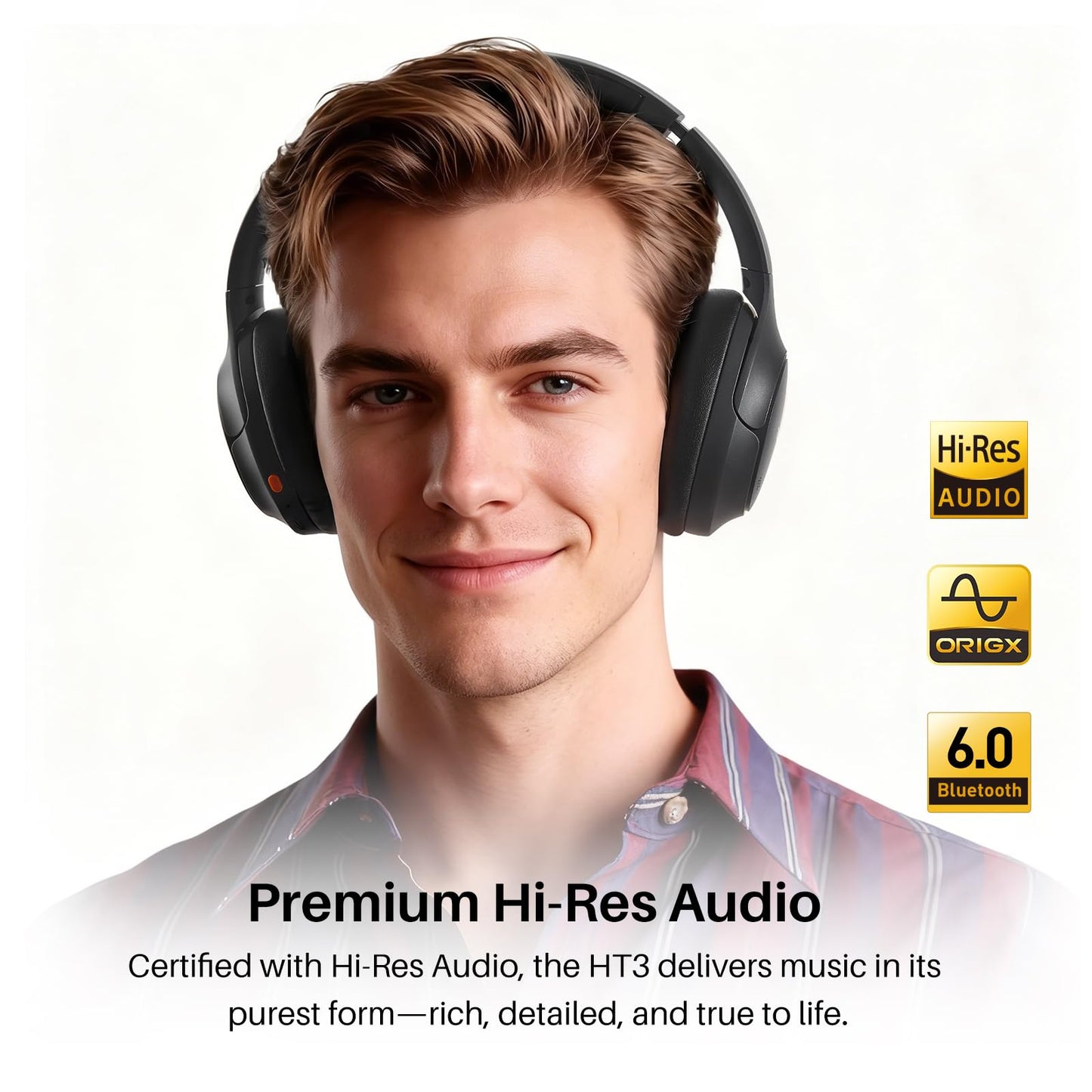 TOZO HT3 Hybrid Noise Cancelling Headphones, 90H Battery Life Wireless Over Ear Bluetooth 6.0 Foldable Headset, AI Voice Assistant with 5 Mics, Connect 2 Devices and Hi-Res Sound, 32 EQ Audio Presets