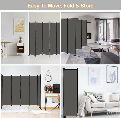 MAYOLIAH 6-Panel Folding Privacy Screen - 9ft Wide, 6ft Tall Room Divider | Portable Grey Partition