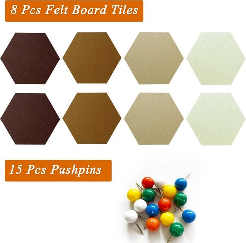 Regine Switzerland Hexagon Felt Cork Bulletin Board Tiles - Self-Adhesive DIY Wall Decor (8 Pcs, Gradual Brown)