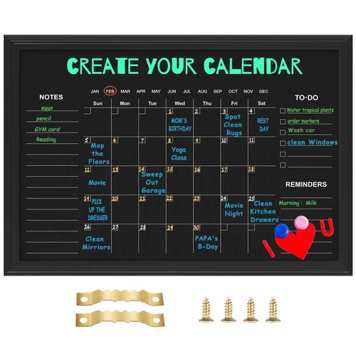 Magnetic Chalkboard Calendar,17.7” × 23.6“ Monthly and Weekly Calendar Chalk Board for Wall, Family Planner,Black(Family-HB-4560)