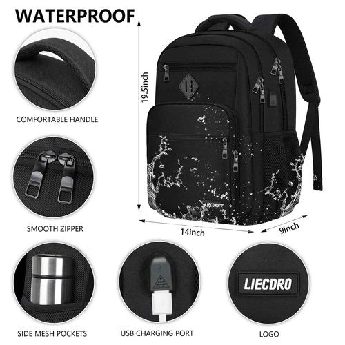 School Backpack for Boys Girls Teens, Black Backpack for Men Women, 17.3 inch Laptop Back Pack with USB Charging Port, Backpacks for School Business Work College Travel, College Book Bag, Bookbag