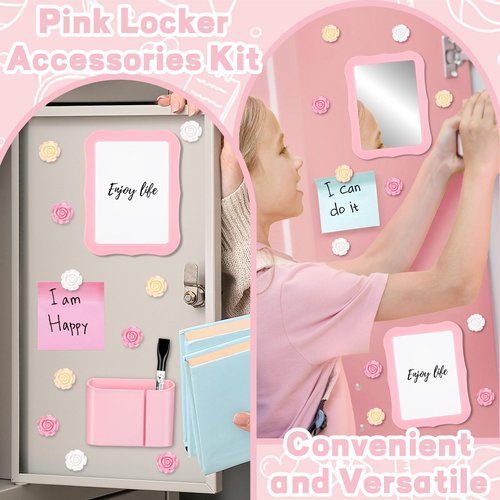 Gosodeny 17 Pcs Locker Accessories Kit, Pink Magnetic Mirror, Magnetic Pen Holder, Whiteboard, Cute Flower Magnet and Organizing Supplies Cute Locker Decor Backing for Girls in Middle School