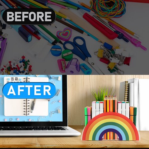 Flytreal Acrylic Pen Pencil Holder Clear Desk Organizer, Rainbow Home Office Desk Pen Storage Stand, Corner Desktop Stationery Organizer for Women Kids Students School Art Supplies