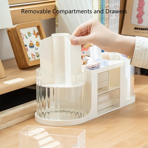 Flytreal Pencil Holder for Desk, Rotating Pen Desk Organizers and Accessories with 3 Small Drawers, Spinning Art Supplies Stationary Storage Caddy for Home Office Teacher School Kids(White)
