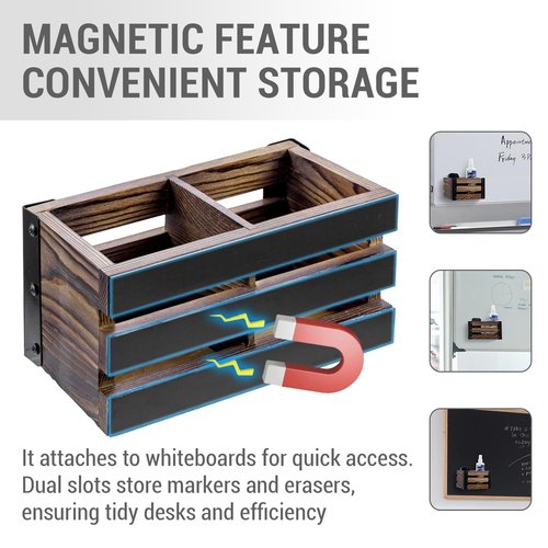 MyGift 2 Compartment Magnetic Office White Board Accessories Holder, Rustic Burnt Solid Wood Dry Erase Marker and Eraser Caddy with Black Metal Corner Brackets