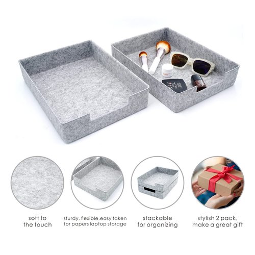 Welaxy Desk Drawer Organizer Letter Trays Felt Document File Papers Magazines Storage Sorting Box Soft Sturdy 2-piece office home back to school solution (Light Grey)