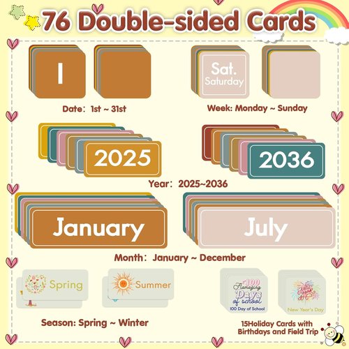 45 Pockets Classroom Calendar - Educational Pocket Chart Calendar for Kids | Boho Decor