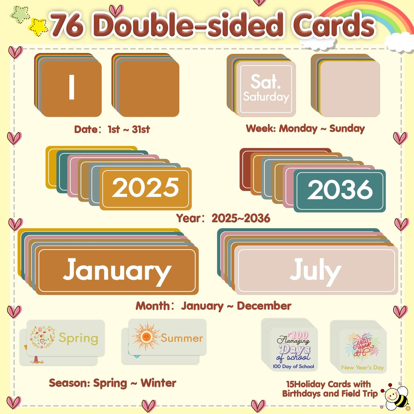 Jercecy 48 Pockets Classroom Calendar for Kids Learning, Pocket Chart Calendar Decor with Special Educational Cards, Teacher and Classroom Must Have Supplies, Boho