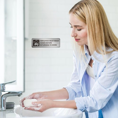(4 Pack) Employees Must Wash Hands Sign, Self-Adhesive Metal Signage for Bathroom Office, Waterproof Aluminum Signs for Indoor Outdoor (9x3, Brushed Aluminum)
