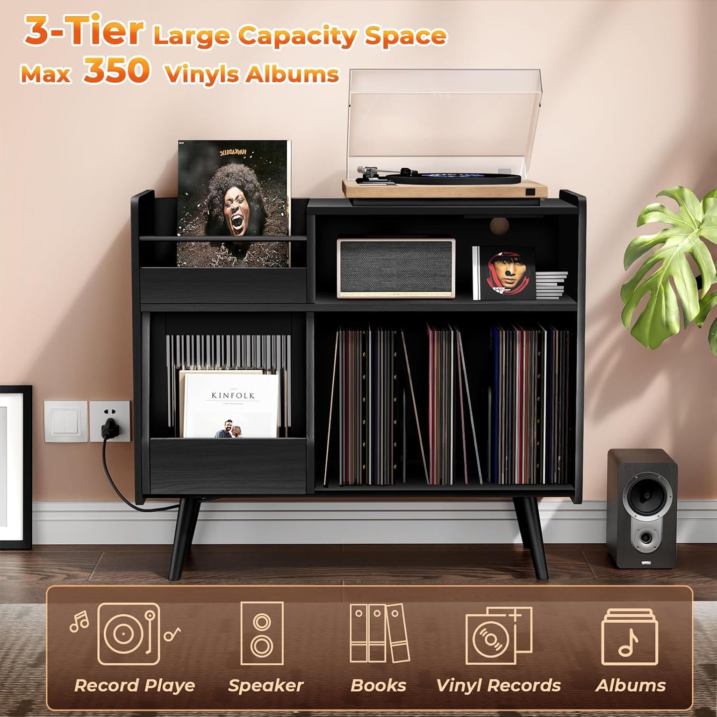 Skiennix Large Record Player Stand - 350 Vinyl Storage Cabinet with Power Outlet & LED Light | Stylish Wood Legs for Living Room, Bedroom, Office