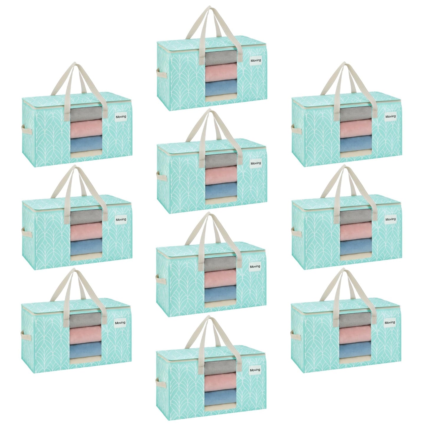 VENO 10 Pack Heavy Duty Moving Bags, Clothes and Comforter Storage Bags with Clear Window, College Dorm Essentials Packing Supplies, Foldable Boxes Alternative (Evergreen, 10 Pack)