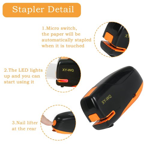 XY-WQ Mini Automatic Electric Stapler - 15 Sheet Capacity and AC Adapter - Electric Stapler, Jam Free, Small Cute Compact Travel Size for Students & Office (Black)