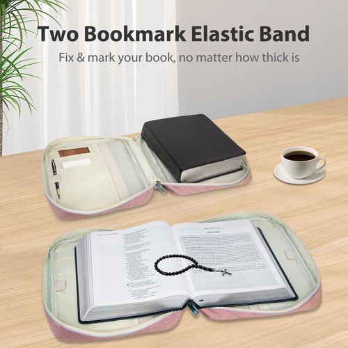 Bible Covers for Men & Women, Bible Case Carrying Church Bag with Book Stand, Bible Bag with Handle, Zipper and Multi-Pockets for Scripture Study Bible Protector (Pink)
