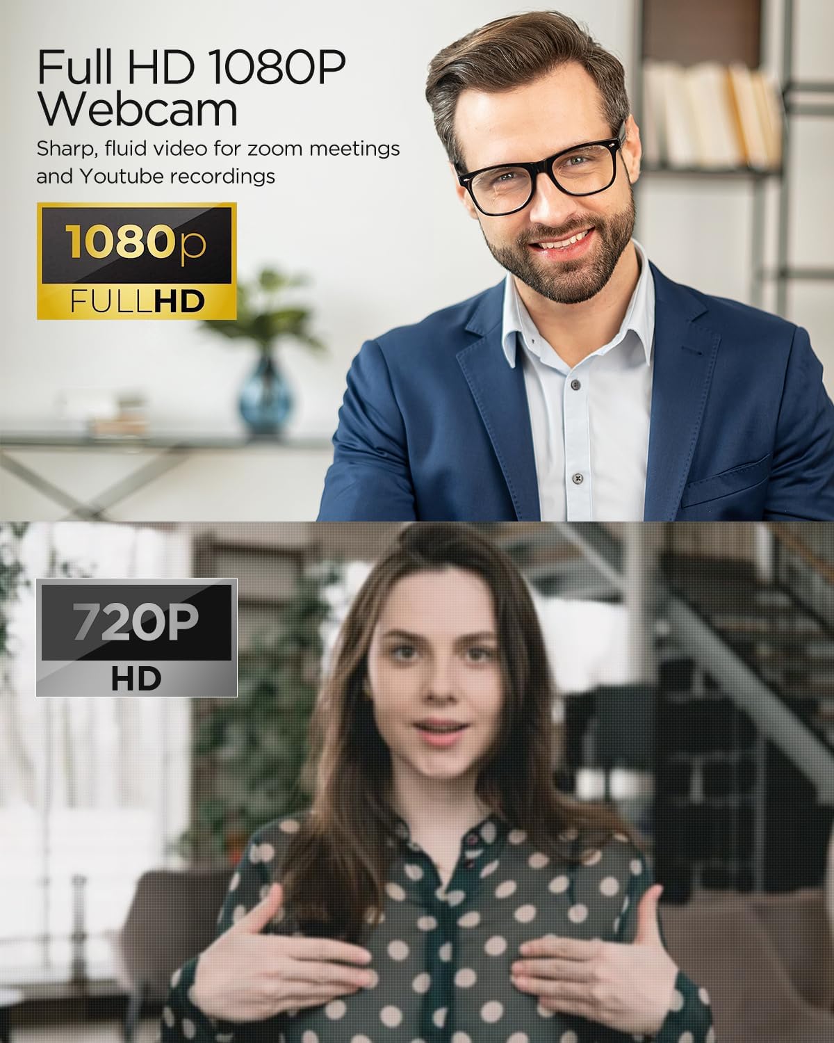 Webcam 1080P - USB Computer Camera with Microphone & Privacy Cover | Auto Light Correction for Video Calls