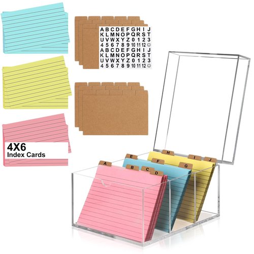 4x6 Index Card Holder Acrylic Index Card Organizer Clear Index Card Box Flash Card Holder with 5 Index Card Dividers Recipe Cards Holder Notecard Storage Box 150 Ruled Cards Stickers For Office Desk