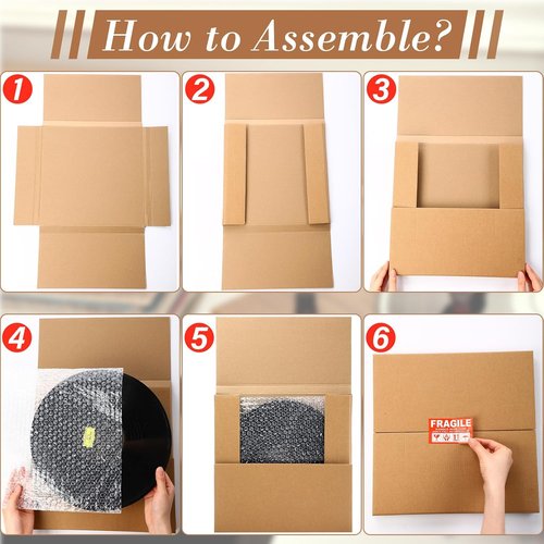 Janlaugh Vinyl Record Mailers - 10 Sets of 12.6" x 12.6" Easy Fold Shipping Boxes with Fragile Stickers & Bubble Bags