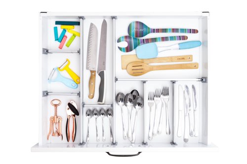 Practical Comfort Custom Drawer Organizer 6 Adjustable Aluminum Dividers, White – For Kitchen, Bathroom, Office, and More