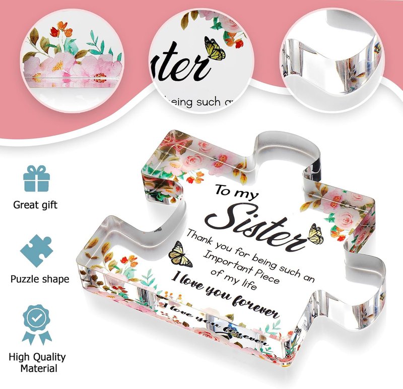 VELENTI Gifts for Mothers Day - Sister Engraved Acrylic Puzzle Piece with Heartfelt Message - Perfect Sister Birthday, Thanksgiving, Paperweights - Cute Decoration for Home, Office