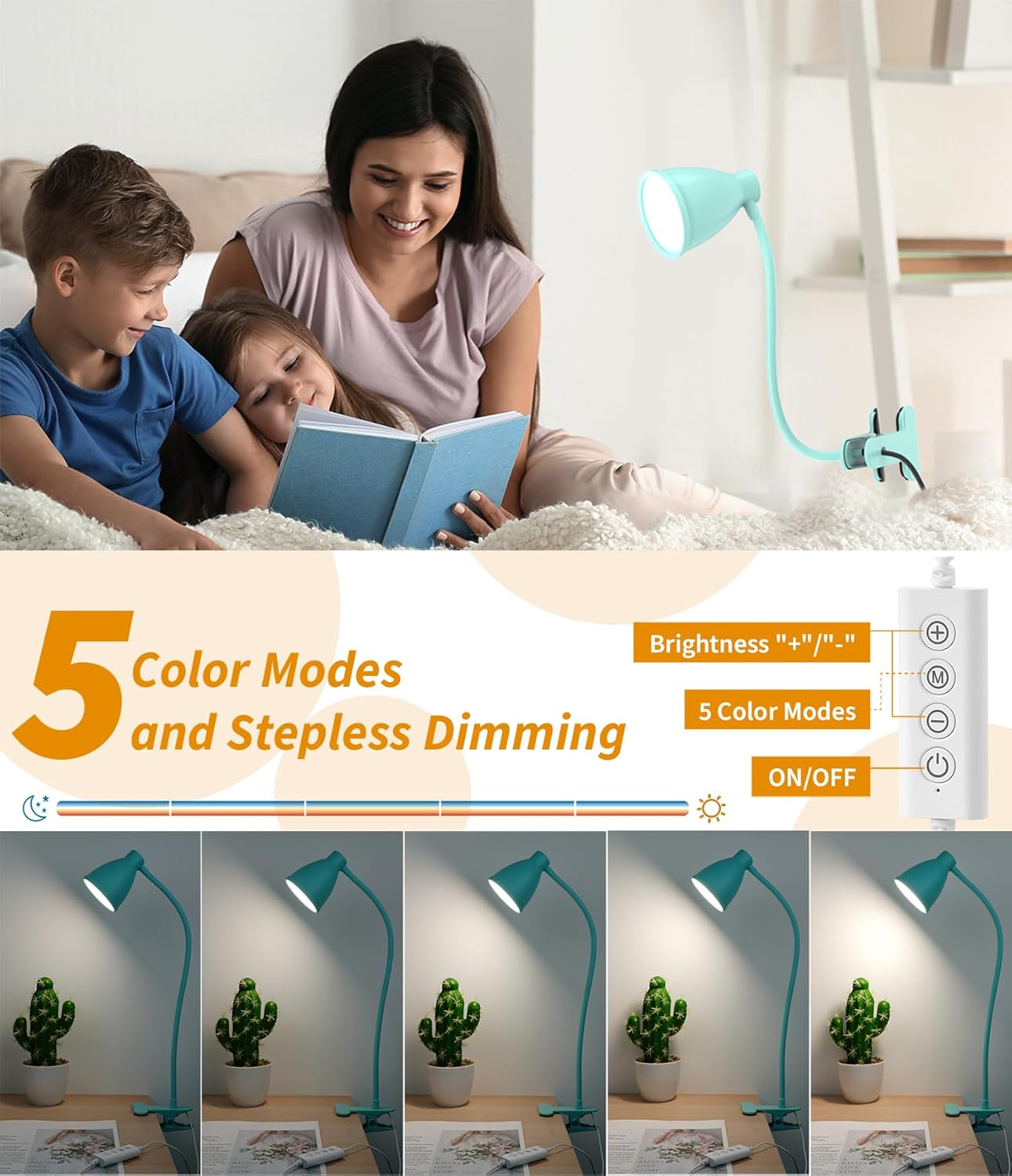 BOHON Desk Lamp - 10W LED Clip-On Light with 5 Colors & 10 Brightness Levels | Flexible Gooseneck, Teal
