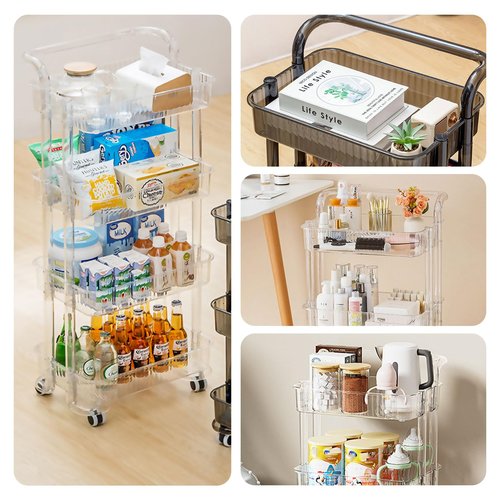 4-Tier Plastic Rolling Utility Cart Organizer with Handle, Multi-Functional Storage Trolley with Lockable Wheels & Reinforced Handle, for Nursery, Office, Living Room, Bathroom, Kitchen(Black)