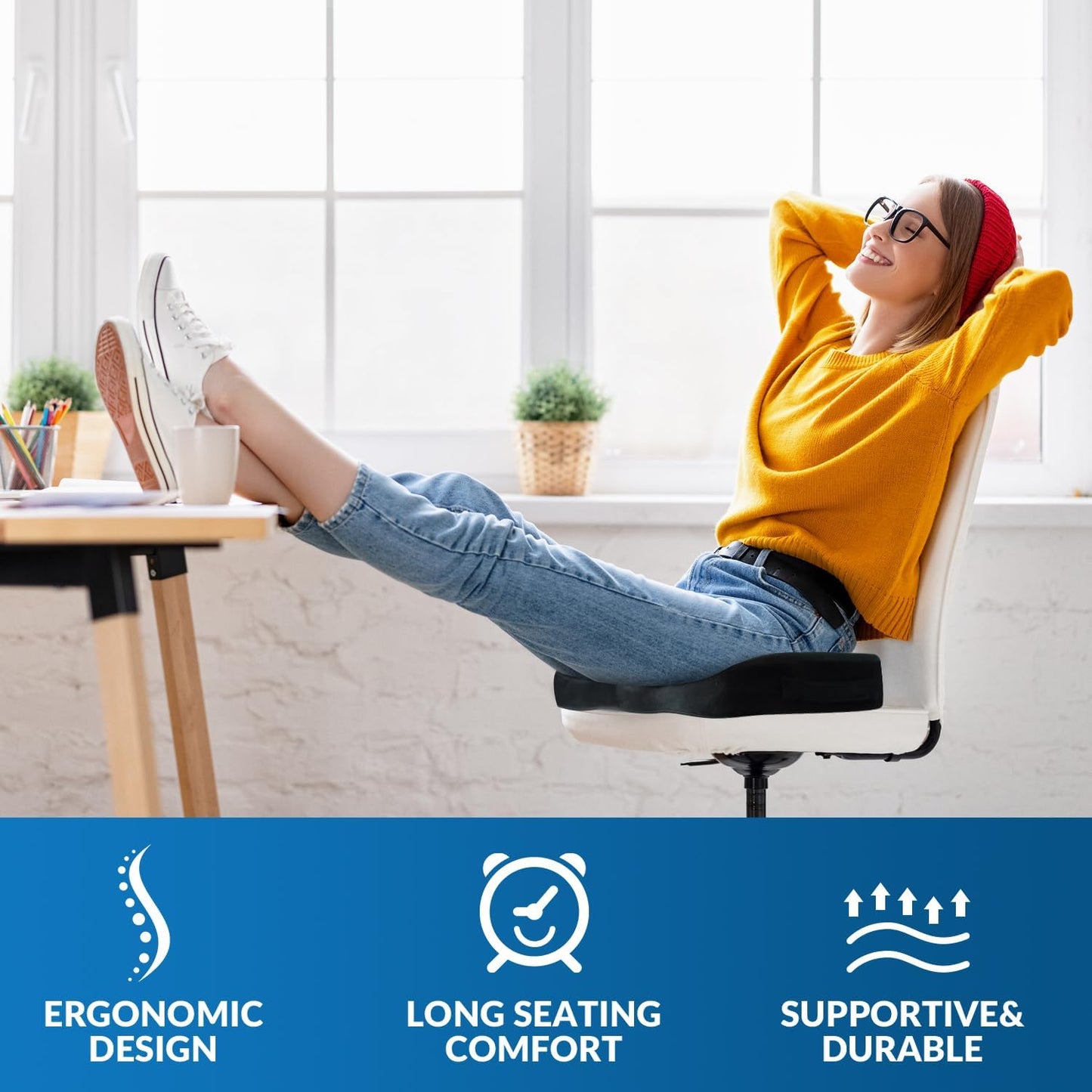 Skiennix Memory Foam Seat Cushion - Ergonomic Coccyx Support Pillow for Office & Car, Pain Relief (Medium Firm - Black)