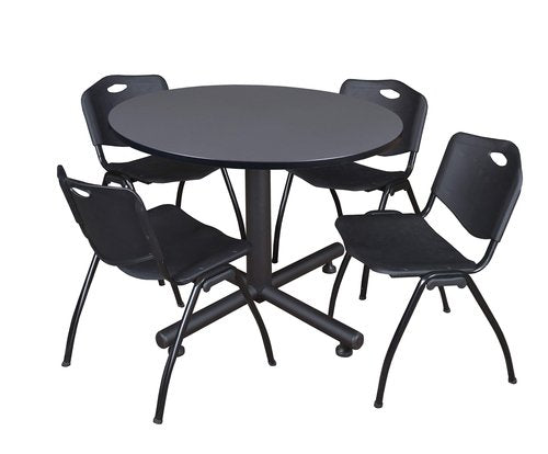 Regency Kobe 48-Inch Round Breakroom Table, Grey, and 4 M Stack Chairs, Black