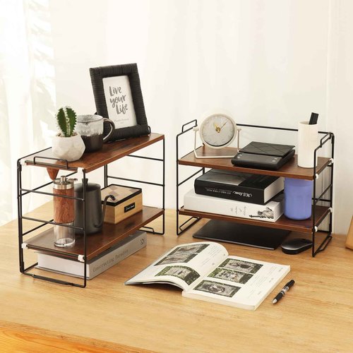 KATHY&BOB Wood Desk Shelf Organizer, 2-Tier Desktop Supplies Storage Rack, Adjustable Stackable Desk Shelf for Office, Kitchen, Bathroom, 15.75"*12.2"*7.87" (2 Sets)