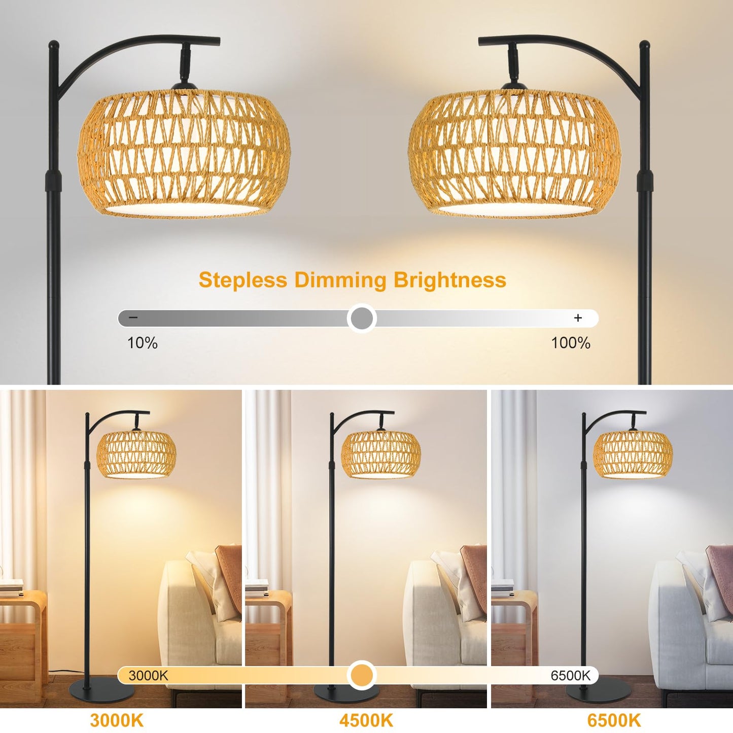 DRAWNCAT Boho Rattan Floor Lamp with Shade – 12W Bright Dimmable LED Bulb, Remote Control 3 Color Temperatures, Modern Farmhouse Handwoven Arc Standing Light for Living Room Bedroom