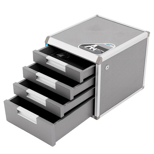 File Storage Cabinet with Lockable Drawers & 4 Compartments - 12.4" Desktop Document Organizer for Office Home, Aluminum Frame, Security Lock, Space-Saving Design
