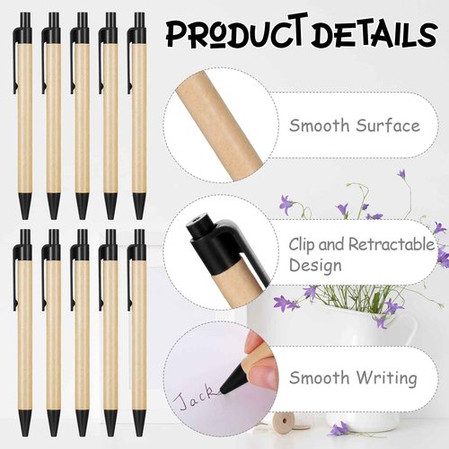 Sabary 200 Pack Black Retractable Eco Friendly Recycled Kraft Paper Pens - Medium Point Bulk Office Writing Journaling Supplies