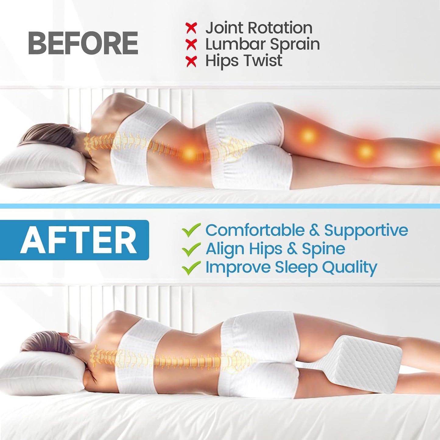 TranquilRelax Knee Pillow - Comfortable Memory Foam for Side Sleepers | Alleviates Hip, Back & Sciatica Pain (White)