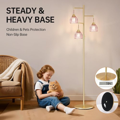 Shenmoyl Vintage Brass Floor Lamp - Stepless Dimming with 3x 6W Bulbs | Elegant Gold Design for Living Room & Nursery (Pink Tulip)