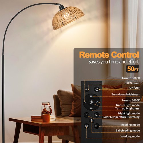 Rattan Floor Lamp- Modern Black Standing Floor Lamps with Remote Control and Stepless Dimmable Bulb, Hand-Worked Adjustable Rattan Lamp Shades Bohemian Floor Lamps for Living Room, Bedroom, Office