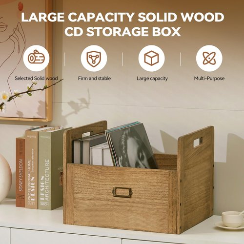 KIRIGEN Vinyl Record Storage Organizer Crate Wooden Storage Organizer Box Hold Up to 80 Record and LP Dark Brown CDH-DBR