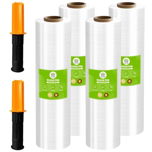 Cosy Family Plastic Wrap Stretch Film Roll - 1000ft 60 Gauge Industrial Strength 18 inch Wide Clear Plastic Wrap Roll with Handles for Pallet Wrapping Shipping Moving - Clear, Pack of 4