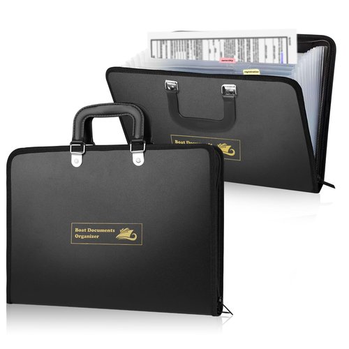 14" x 10" Boat Documents Organizer with Zipper Important Document Organizer 13 Pocket Dry Bag for Boat Documents Binder Black Waterproof File Storage Case with Handle for Registration Letter A4 Files