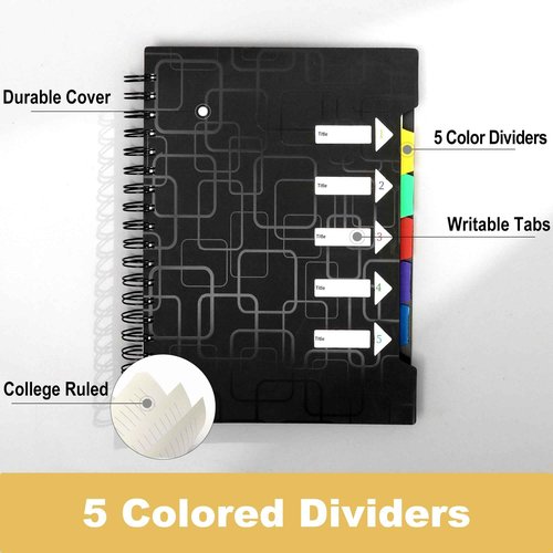 CAGIE 2 Pack Spiral Notebooks College Ruled Total 480 Pages 5 Subject Notebook with Tabs Dividers A4 Notebooks for Work Organization Note Taking School, Black& Blue, 8.5x11