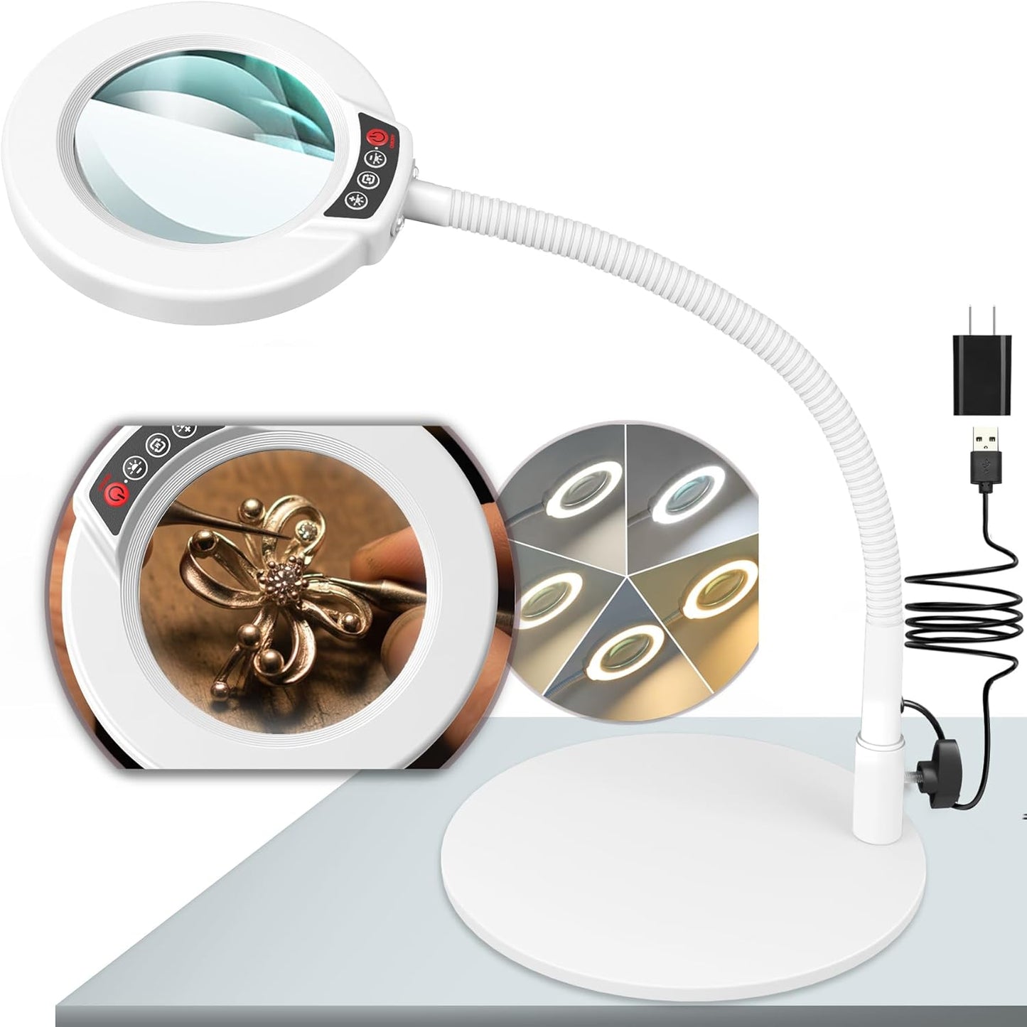 10X Magnifying Glass - LED Lighted Desk Lamp with Flexible Goose-Neck & 5 Color Modes - White