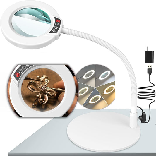 10X Magnifying Glass - LED Lighted Desk Lamp with Flexible Goose-Neck & 5 Color Modes - White