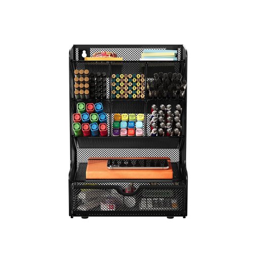 Senhoglb Mesh Pen Holder For Desk, Multi-Functional Pencil Holder with Drawer, Desktop Pen Organizer Easy Assembly, Wall Mount Metal Pen Storage for School, Home, Art Supplies, 9 Compartments, Black