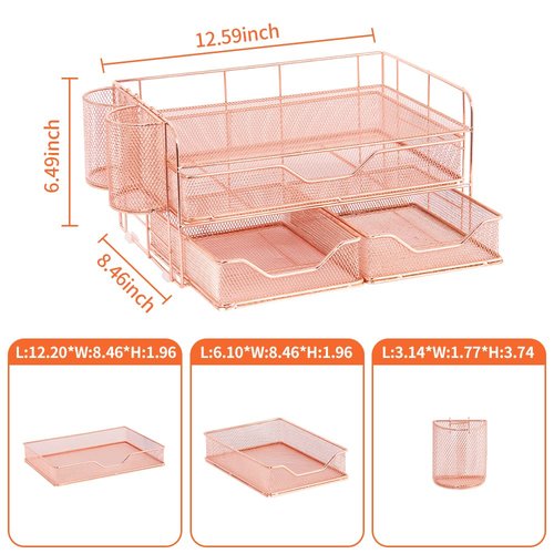 ECOLOVI Computer Monitor Stand for Desk, Desk Organizer and Accessories with 3 Drawers and 2 Pen Holders, Rose Gold Office Supplies Computer Desk Accessories