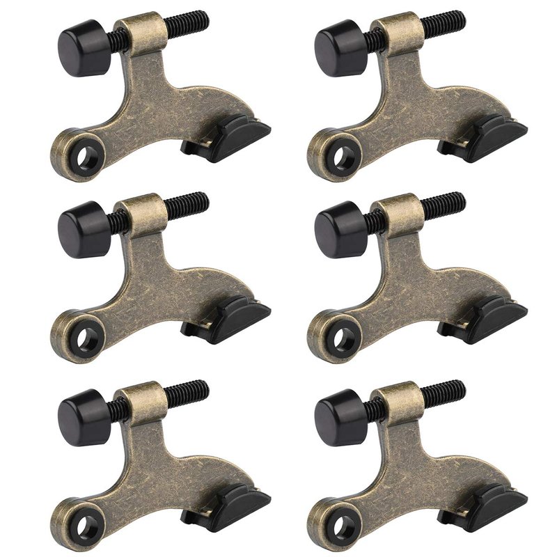 HOMOTEK 6 Pack Hinge Pin Antique Brass Door Stopper, Adjustable Deluxe Heavy Duty Door Stopper 2-1/2"x1-3/4”, with Black Rubber Bumper Tips