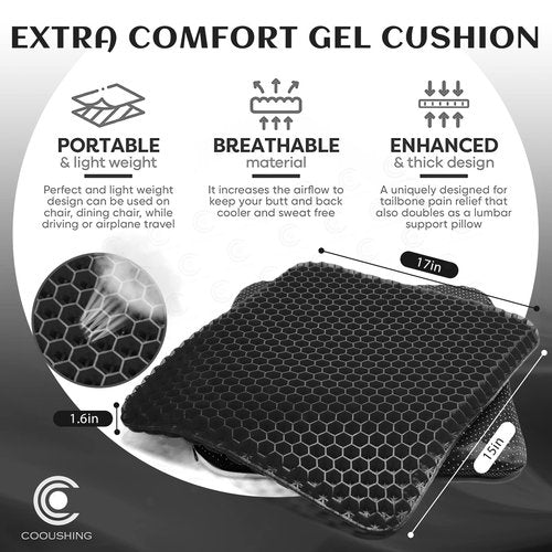 Gel Seat Cushion, for Long Sitting -Double Thick Gel Seat Cushion Breathable Honeycomb Chair Cushion with Non-Slip Cover for Office Chair Car, Wheelchair, Long Trips,Relief Sciatica Pain